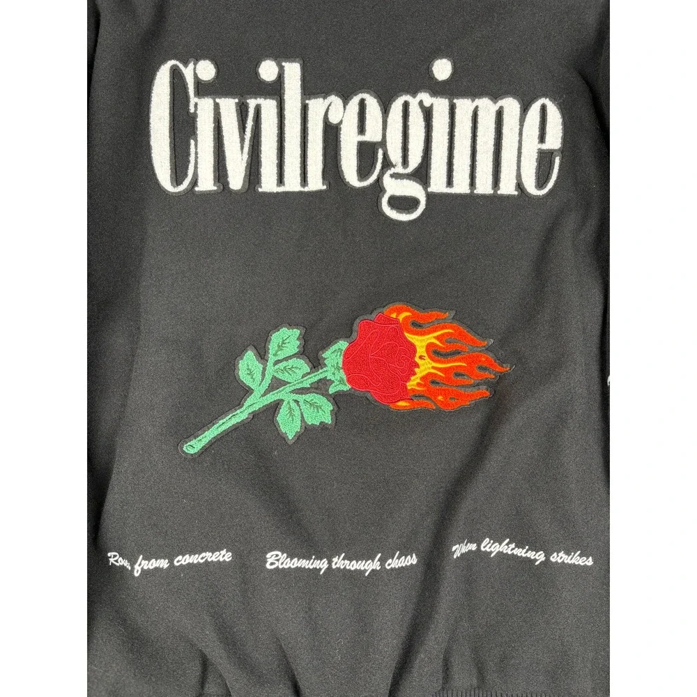 Civil Regime Black Lightning Flaming Rose Varsity Bomber Jacket Mens Large NWT